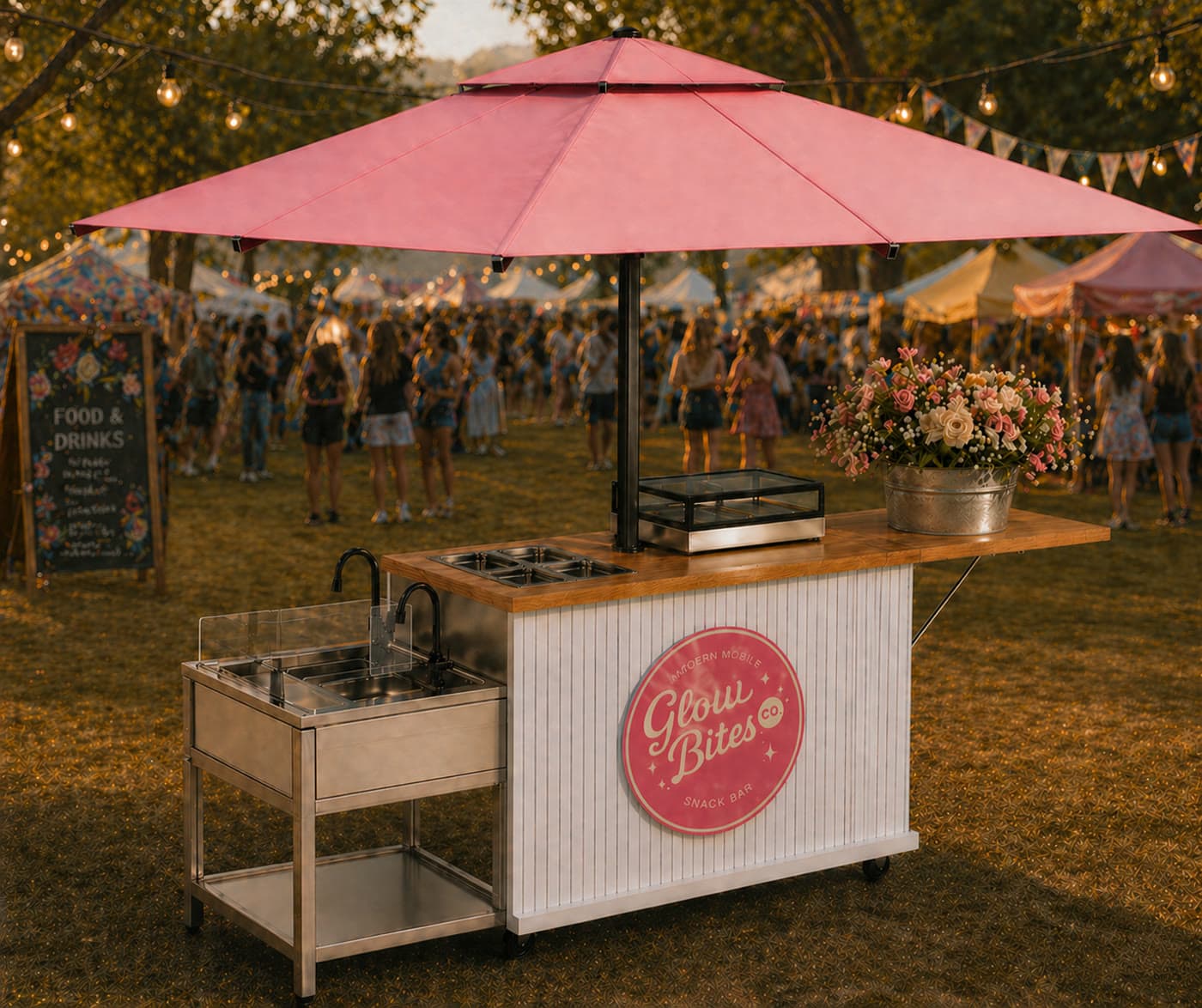 The Glow Bites cart set up at an evening event, pink parasol up and string lights behind