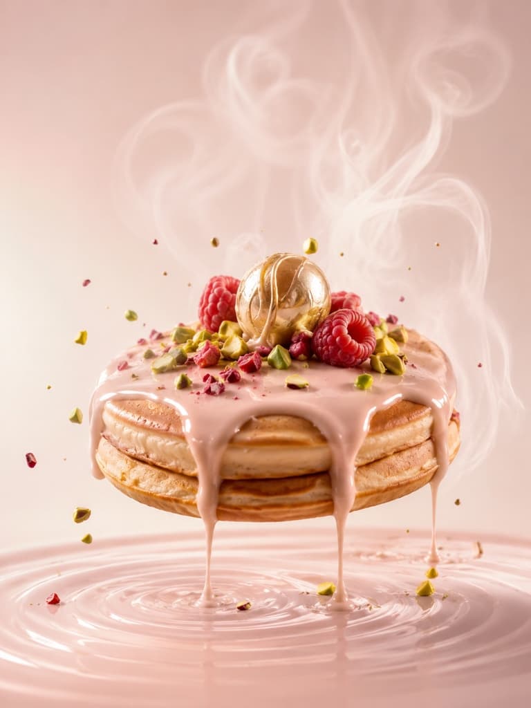 Floating pancake stack with pink glaze, berries, pistachios and golden truffle