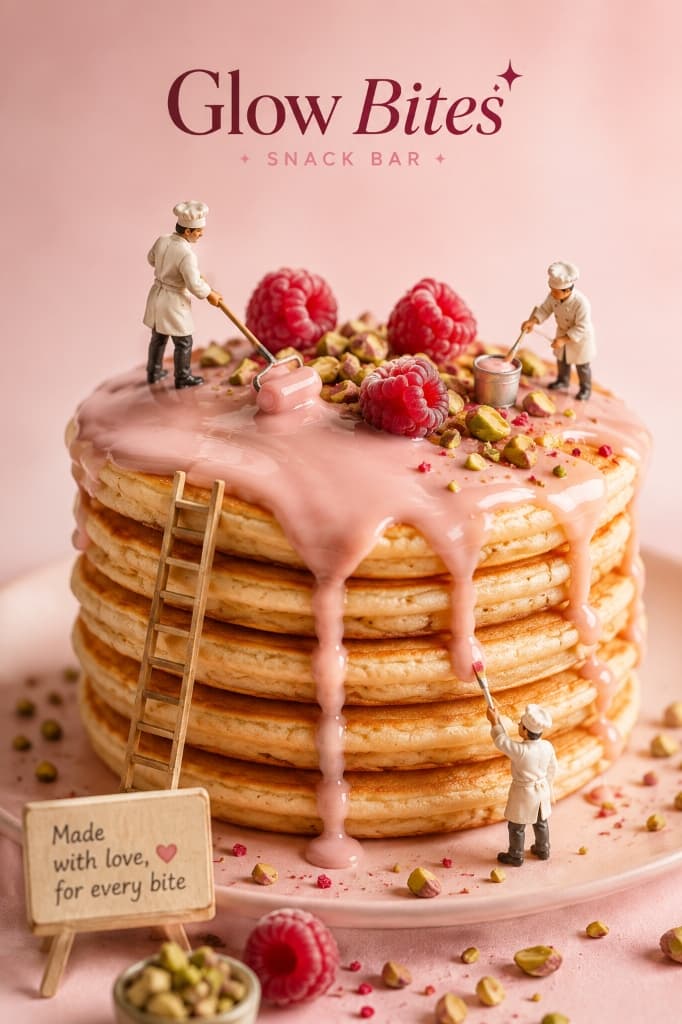 Miniature chefs glazing a pancake stack with pink cream and raspberries