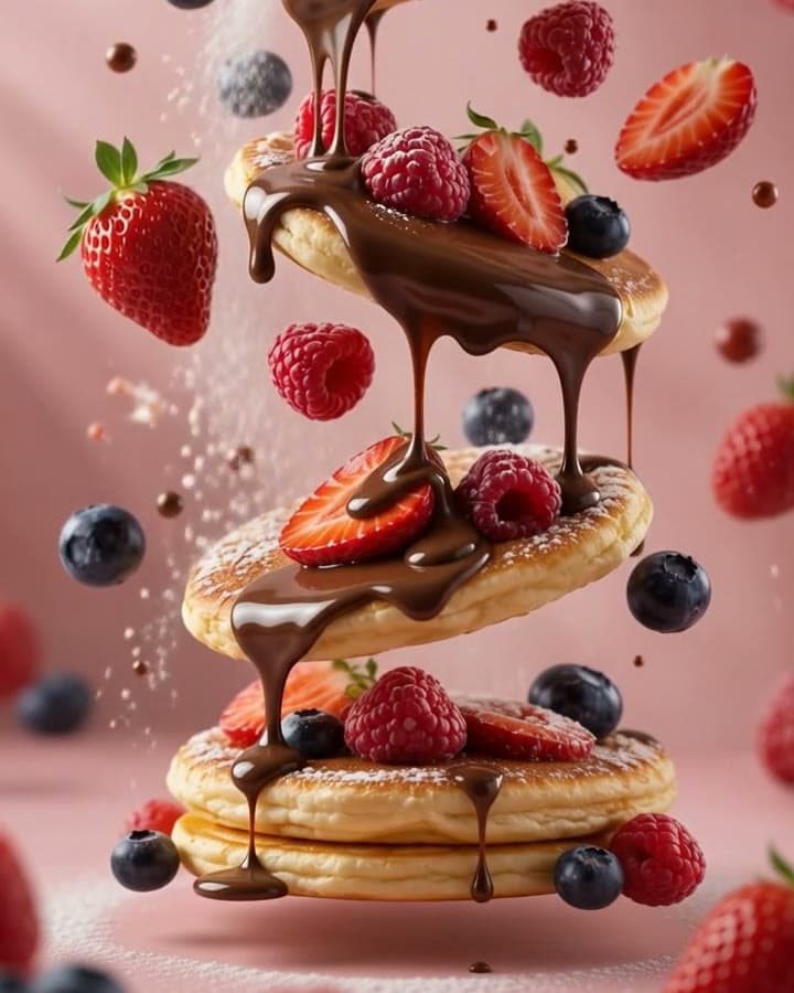 A falling stack of pancake bites with berries and chocolate